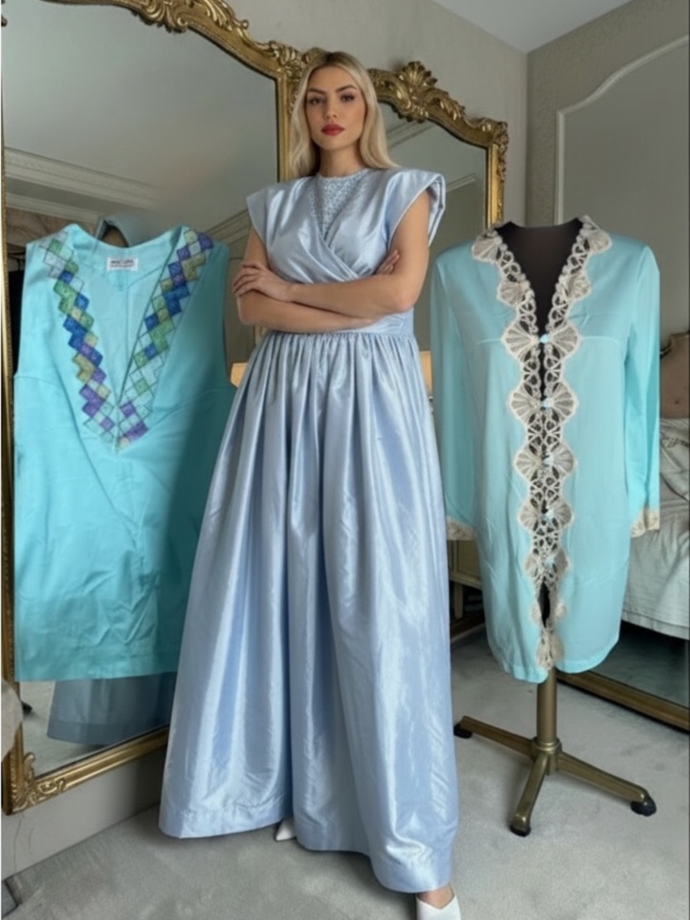 Emilio Pucci Formfit Rogers 
Powder Blue Satin Chemise Slip Maxi Sleeping Dress